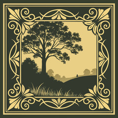 Golden vector frame with ornate floral pattern and vintage leaf swirl decoration