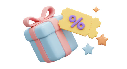 3d render of a gift box with discount coupon isolated on white background