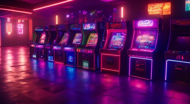 Arcade video games in an empty dark game room with neon lights glowing softly casting colorful reflections on the shiny floor 4K