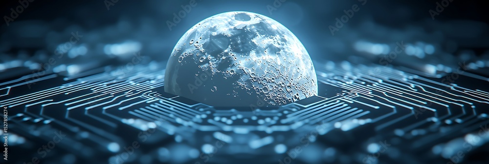 Poster a glowing moon-like sphere is embedded in a futuristic electronic circuit board, symbolizing the fus
