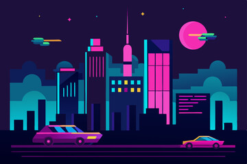 Fototapeta premium Retro Futuristic Cityscape Neon Nights and Sleek Cars