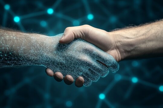 Interactive hand and human hand shaking each other. Generative AI - Powered by Adobe