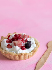 Homemade and healthy yogurt and red fruit tartlet isolated on pastel pink background
