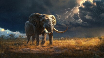 Powerful elephant amidst a dramatic thunderstorm