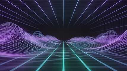 Abstract 3d render of a grid landscape with neon gradients in a futuristic digital environment