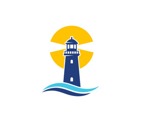 Lighthouse Logo. Light Beam and Ocean Waves Icon Symbolizing Navigation and Security. Vector Logo Template