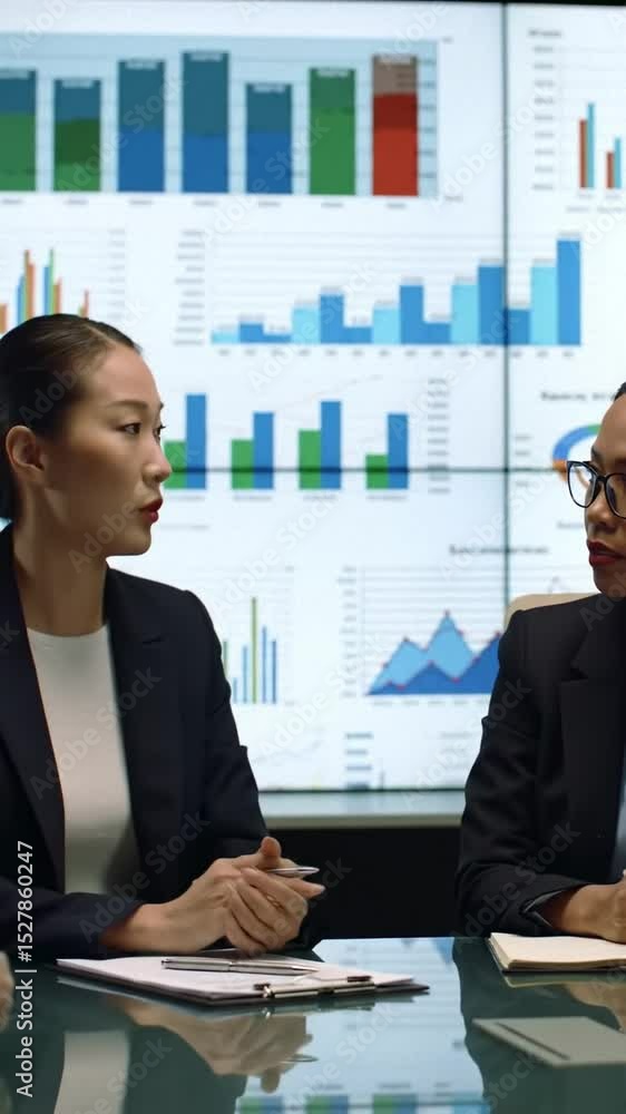 Poster two women in suits are sitting at a table in front of a large monitor displaying graphs. they are di