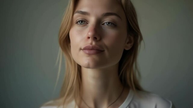 Striking portrait of a woman with long blonde hair and intense gaze, set against a muted green backdrop. Natural, understated beauty