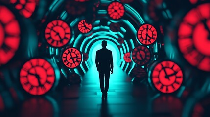 A silhouette of a person walking through a futuristic tunnel filled with glowing red clocks, symbolizing the passage of time.