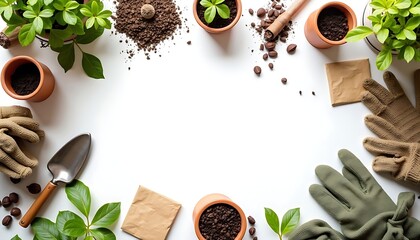 Gardening Tools and Plants Arranged on White Background for Planting
