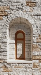 Fototapeta premium a white stone wall with an arched wooden window