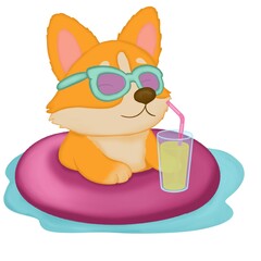Cute Cartoon Corgi Dog Relaxing on Pool Float With Juice