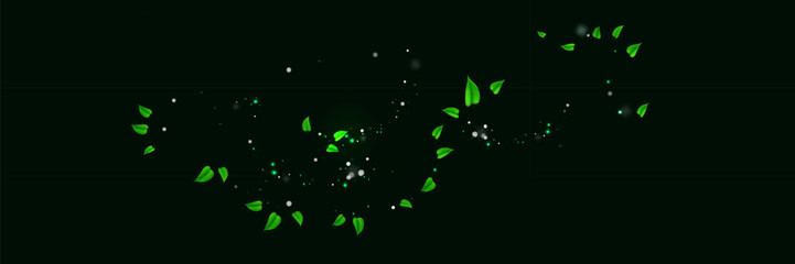 Green shiny line spiral spring wind effect with dust particles and leaves particles on black background. Concept of freshness, growth, spring, summer and ecology.