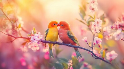 Two vibrant birds, orange and yellow, gently touch beaks amidst a blossoming spring tree.  Soft, pastel colors create a romantic atmosphere