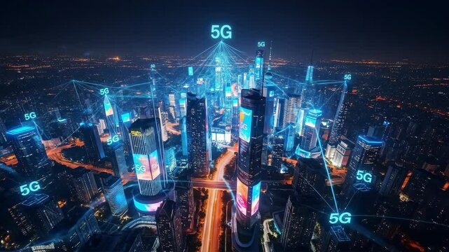 Night cityscape with glowing 5G symbols on skyscrapers and autonomous vehicles on illuminated road. Technology and smart city concept.