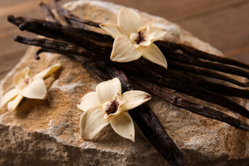 Vanilla sticks and flowers on stone, closeup