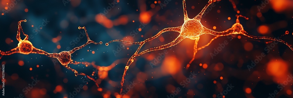 Poster glowing neurons interconnected by synapses, illustrating neural communication in a vivid blue and or