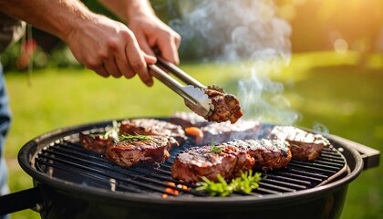 A man uses tongs to flip sizzling steaks on a hot grill in a lush backyard barbecue scene.