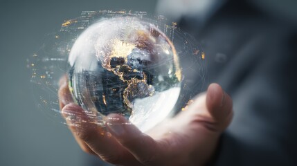 Businessman holding a transparent glass globe in his hand, a business concept background