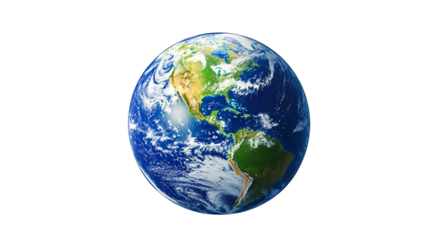 Earth rising like a blue marble showing continents on transparent background