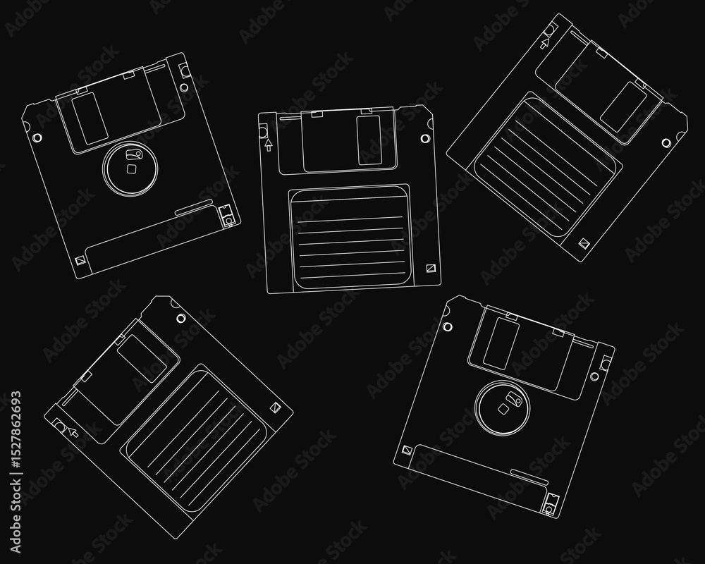 Poster a collection of floppy disks are shown in a black and white illustration. the disks are all differen
