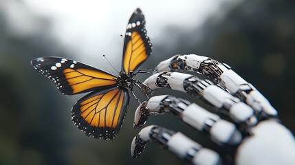 A vibrant monarch butterfly rests delicately on the extended fingers of a futuristic robotic hand against a blurred natural background.