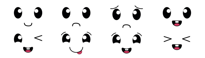 Set of cartoon kawaii faces, different emotions. 