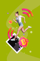 Vertical image sketch vertical collage of happy businesswoman businessman stand tablet bitcoin penny crypto income capital wifi