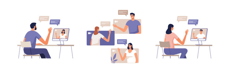 Young people communicate online using desktop computers or mobile devices. Concept of video call conference, remote working from home or online meeting. Vector illustration.