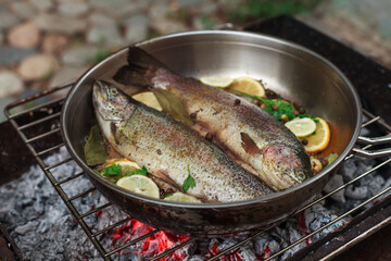 Grilling vegetables, sausages, and trout over charcoal in a backyard during summer. Outdoor cooking with real flames and smoke in a cozy home setting