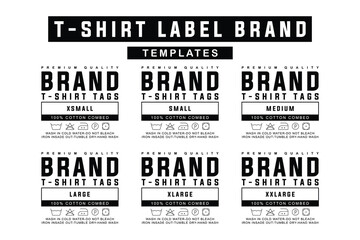 T-Shirt Label Template Set. Editable Garment Tags with Care Symbols and Size Options for Apparel Branding