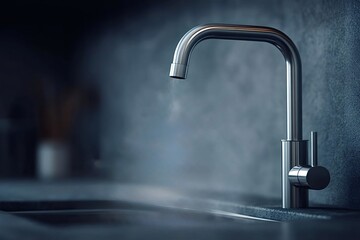 Steam rising from a sleek, modern kitchen faucet in a dimly lit setting emphasizes hygiene and convenience, creating an inviting atmosphere for cooking