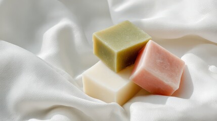 three different-colored soaps on top of a white Korean traditional fabric, minimalistic composition