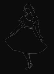 A woman is dancing in a black dress. The dress is long and flowing, and the woman is wearing high heels. The image has a vintage feel to it, and the woman's pose suggests that she is enjoying herself