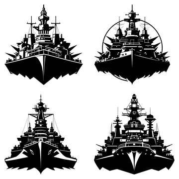 Four battleship illustrations in black and white showing naval vessels in a vector format style