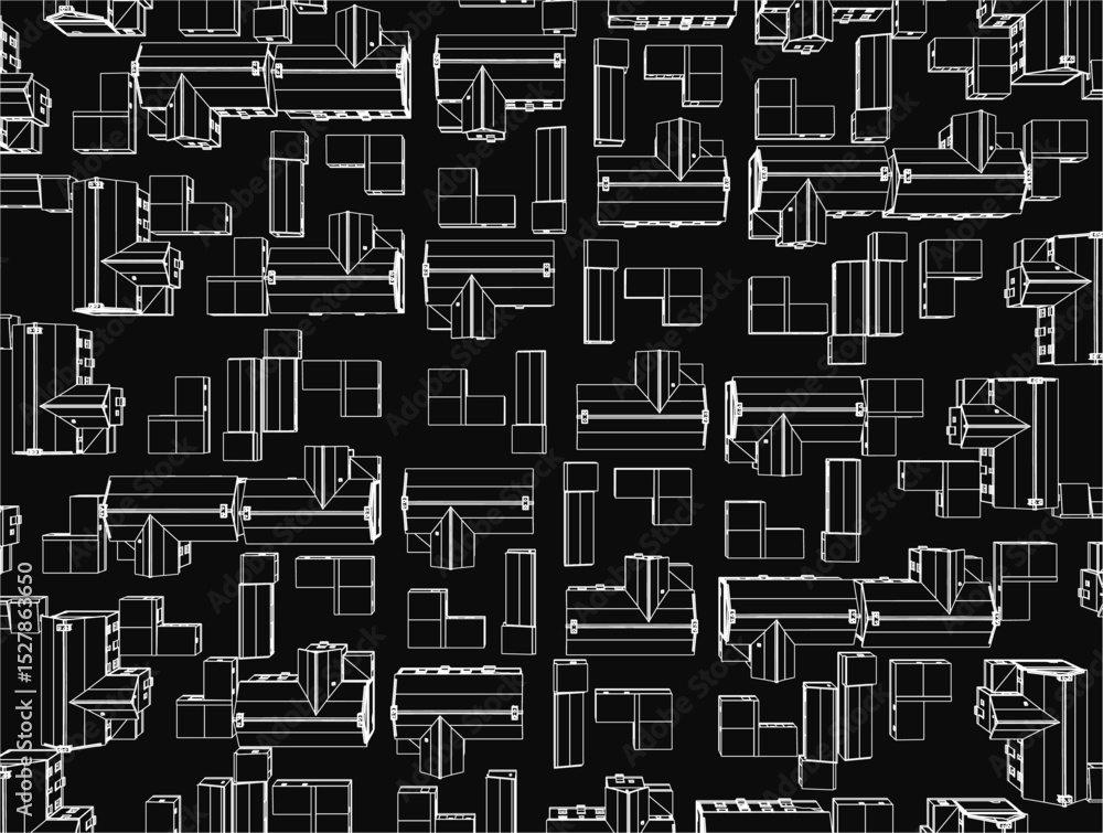 Aufkleber a black and white image of a cityscape with many different shapes and sizes of buildings. the image 