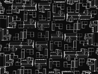 A black and white image of a cityscape with many different shapes and sizes of buildings. The image is abstract and has a modern feel to it