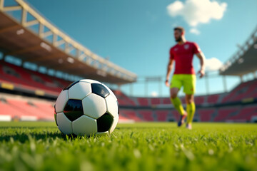 Obraz premium Soccer ball on field with blurred player in action and empty red stadium seats under a clear sky