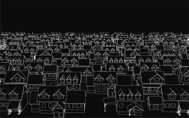 A black and white illustration of a cityscape with many houses. The illustration is in black and white and has a moody, almost eerie feel to it. The houses are all lined up in a row