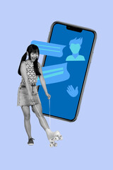 Image zine trend photo collage of happy girl stand phone device screen bubble dialogue messenger...