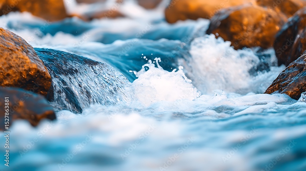 Aufkleber a close-up of a stream flowing rapidly over smooth rocks, creating splashes and white water in a nat