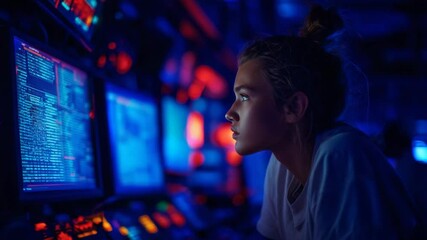 A young woman intently studies data on computer screens in a dimly lit, high-tech environment, suggesting a focus on complex analysis. - Powered by Adobe