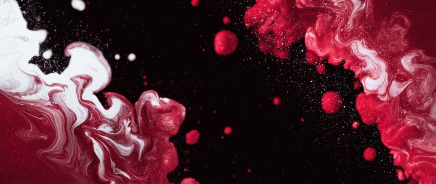 Red and white abstract fluid shapes on a dark background with particles, dust, and smoke