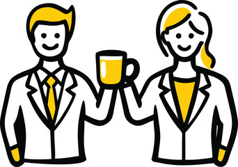 Two businesspeople in suits toasting with a cup of coffee or tea