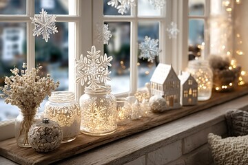 Christmas decorations such as snowflake ornaments, fairy lights, ceramic houses, and dried flowers are arranged on a window sill, creating a cozy and festive atmosphere during the winter holidays