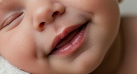 Naklejka premium Close-up of a baby's face with a soft, peaceful expression, suggesting innocence and tranquility.