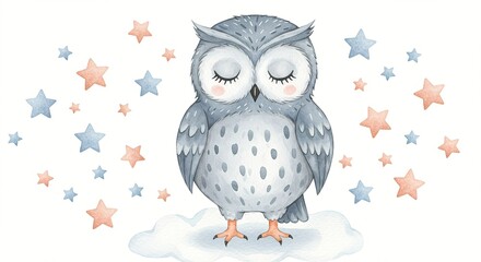 Watercolor owl illustration with eyes closed, standing on cloud surrounded by blue and pink stars.
