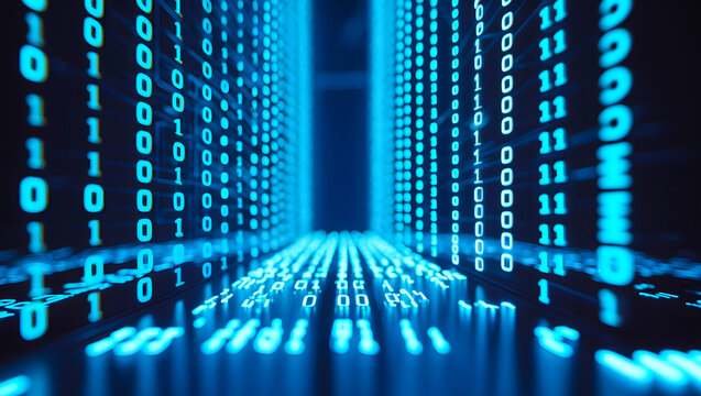 An illustration of digital data with blue binary code. Digital matrix background. AI-Generated