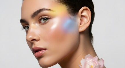Glow of Radiance: A captivating portrait captures a young woman's natural beauty, with soft features and radiant skin. Delicate floral accents add a touch of elegance.