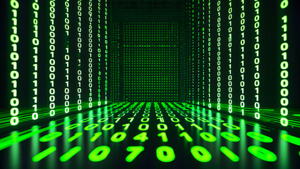 An illustration of a digital room with green binary code. Digital matrix background. AI-Generated